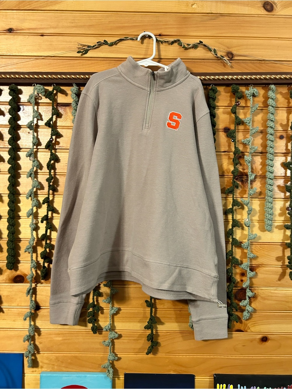Tan Quarter-Zip Pullover Sweater in with Orange 'S' Patch